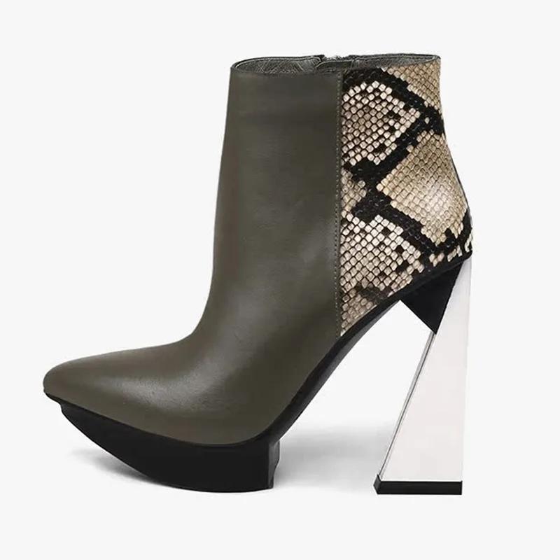 Fashion Brand Runway Style Mixed Color Banquet Cowhide Short Boots Sexy Pointed Waterproof Platform Irregular High Heels Ankle Boots