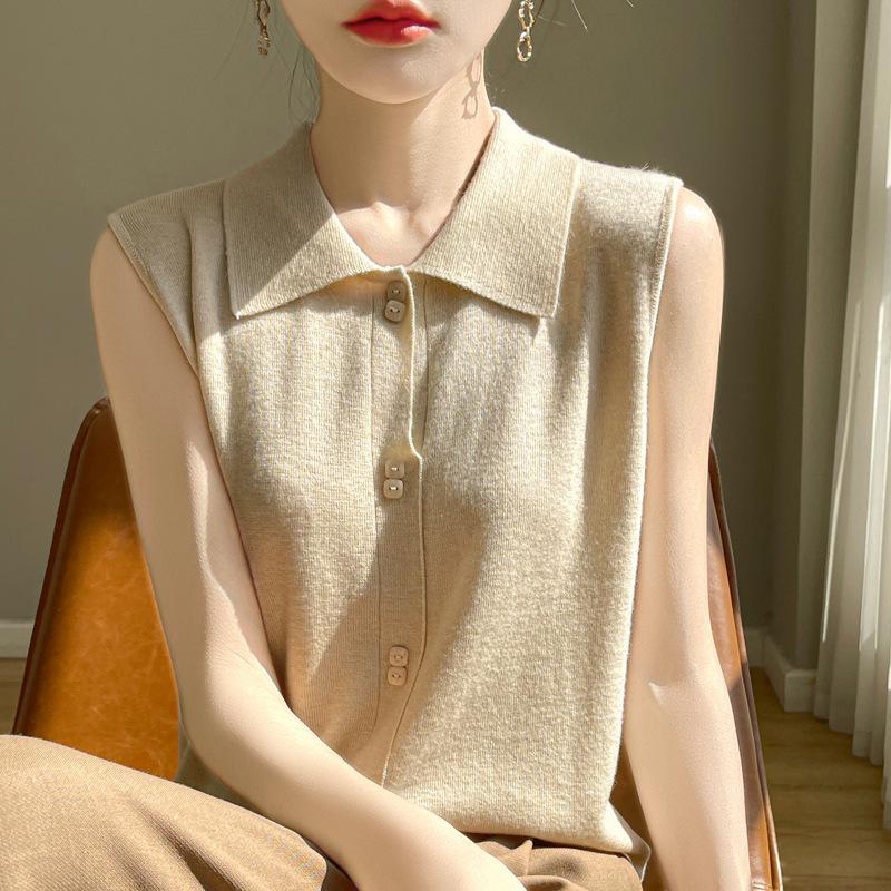 Exquisite and Fashionable Shirt Collar Knitted Vest for Women Stacked In Slim-fitting Sleeveless Suit with Bottom Vest