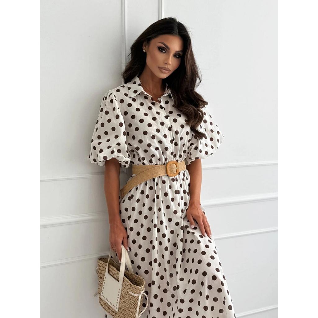 Abito midi a pois da donna, vestito casual ampio a mezza manica, vestito casual da giorno per donna, primavera estate, stile europeo americano
