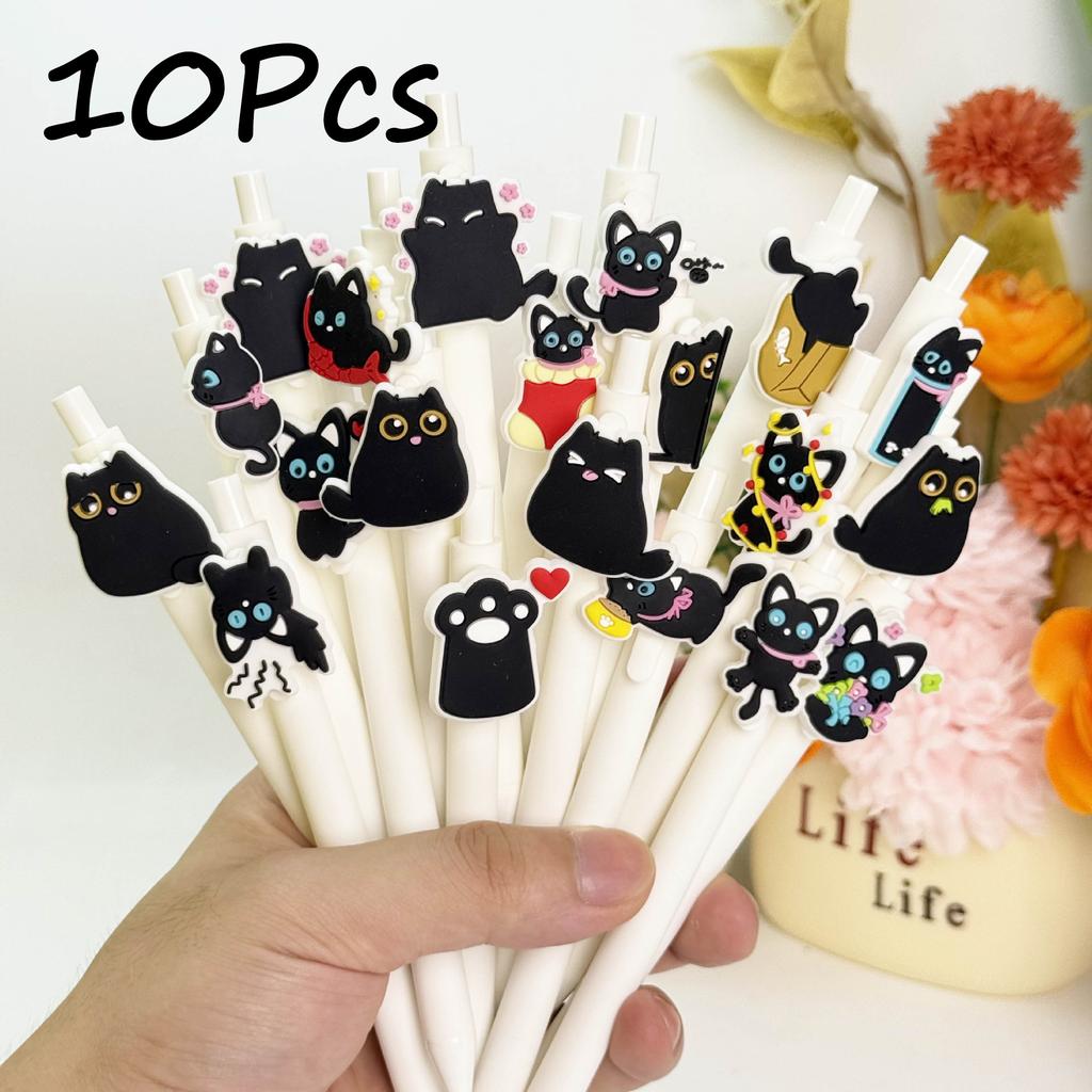00Pcs Cute Black Little Cat Patch Retractable Gel Pens, 0.5mm Black Large Capacity Pen Cores Fine Writing Tools Office Stationery Study Essentials Sup