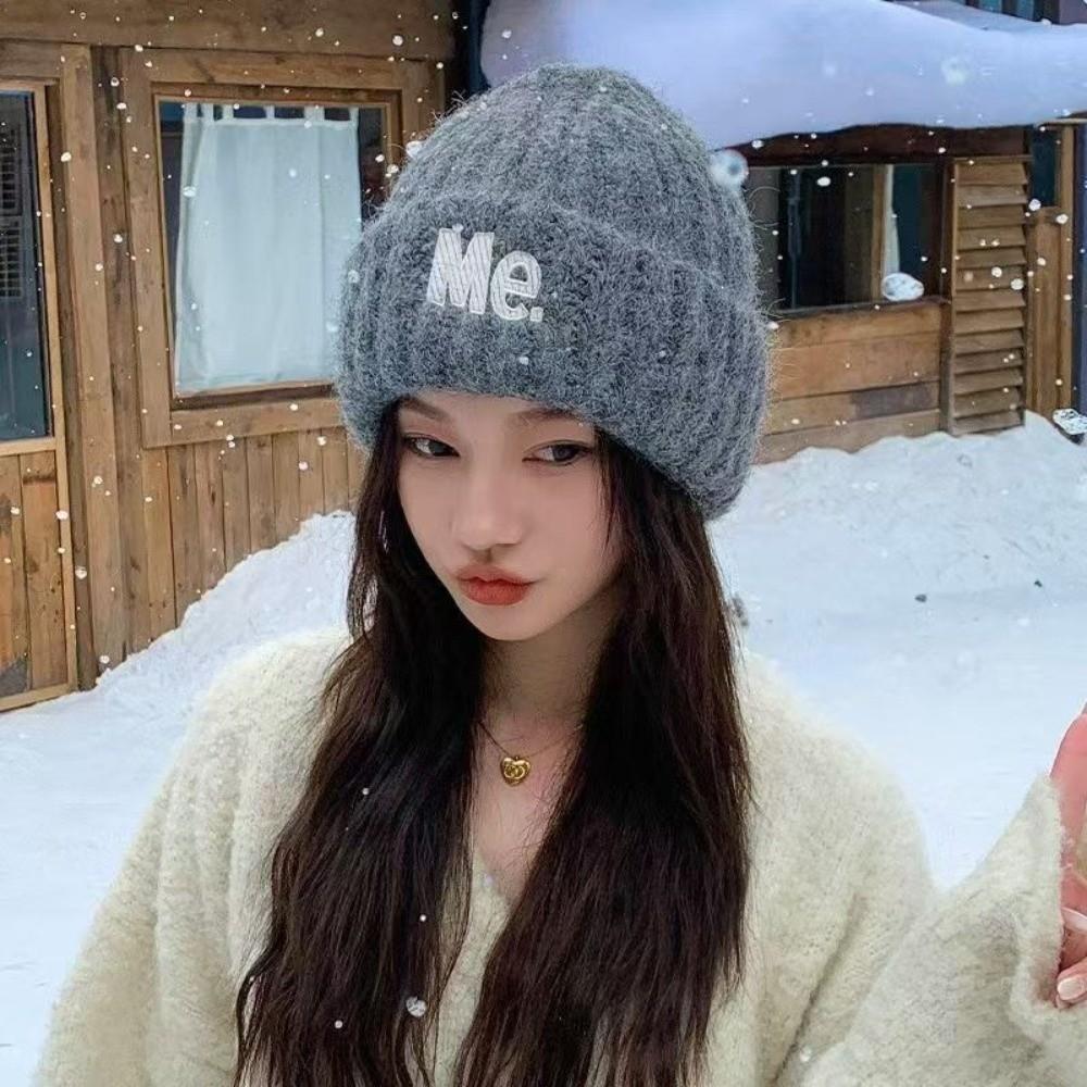 Embroidered Letters Winter Beanie Hat Solid Color Warm Hat Stylish Pullover Hat  For Women