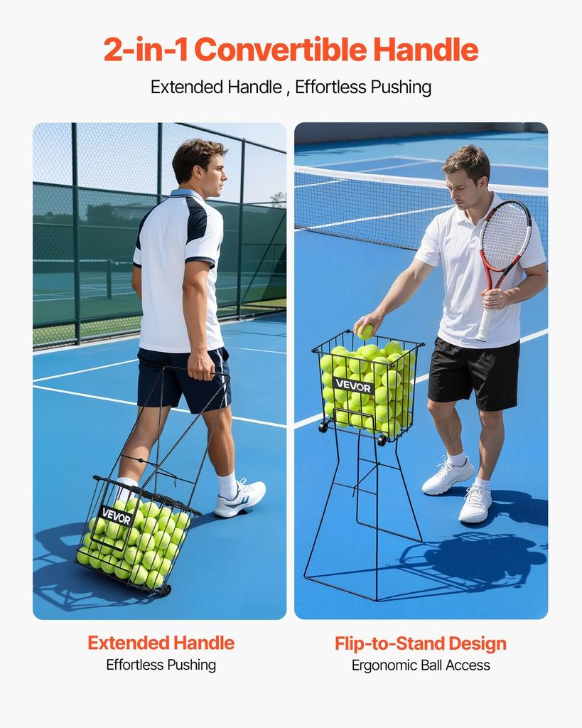 Tennis Ball Hopper, Holds 75 Tennis Balls, Pickleball Basket Cart with Wheels for Easy Pick Up, Portable Pickleball Caddy with Heavy-Duty