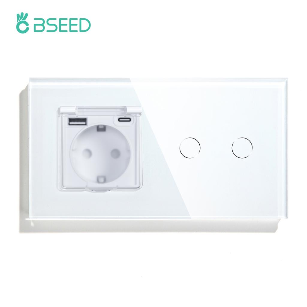 BSEED  1/2/3Gang Touch Light Switch 1Way EU Type-c USB Sockets With Waterproof Cover For Bathroom Outdoor Glass Panel White