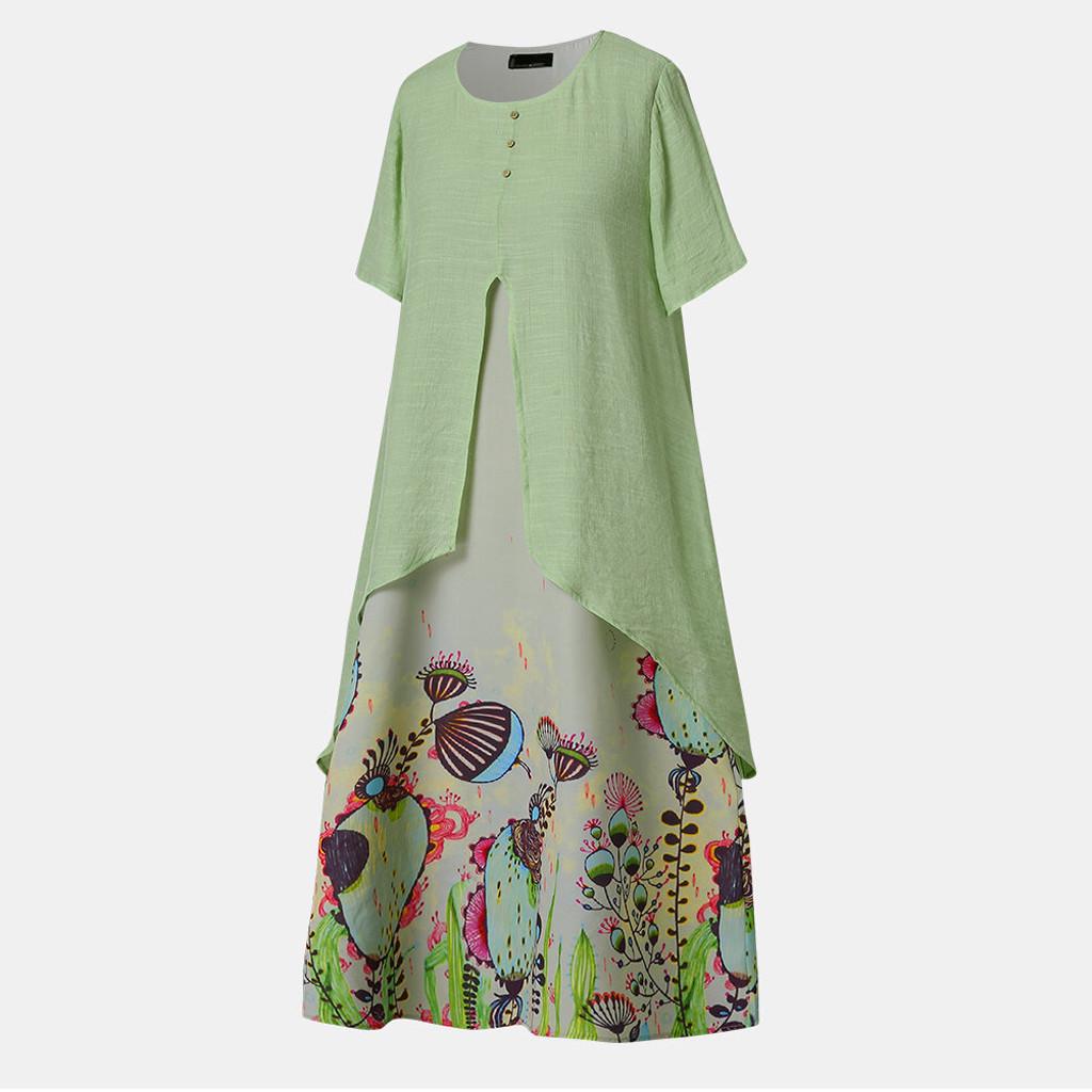 Women Vintage Fake Two Piece Dress Floral Print Short Sleeve  Long Dress