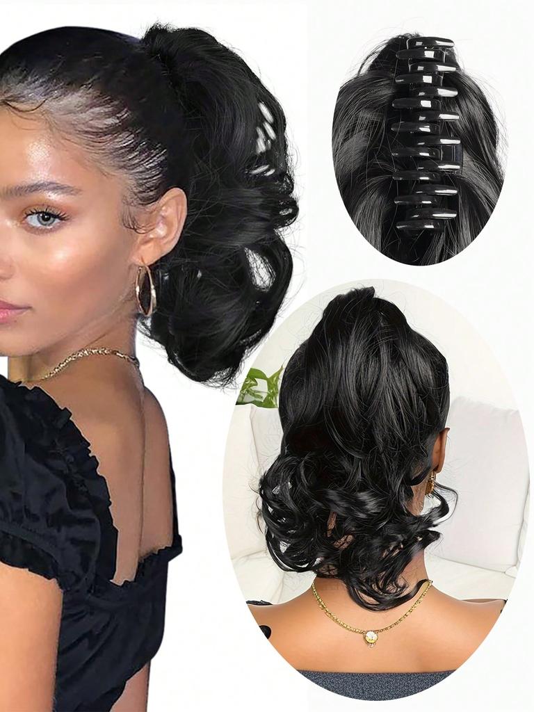 Syntetické 10palcové drápové sponky na prodloužení culíku, krátké volné vlnité culíky, syntetické příčesky pro ženy, každodenní použití (Černá)