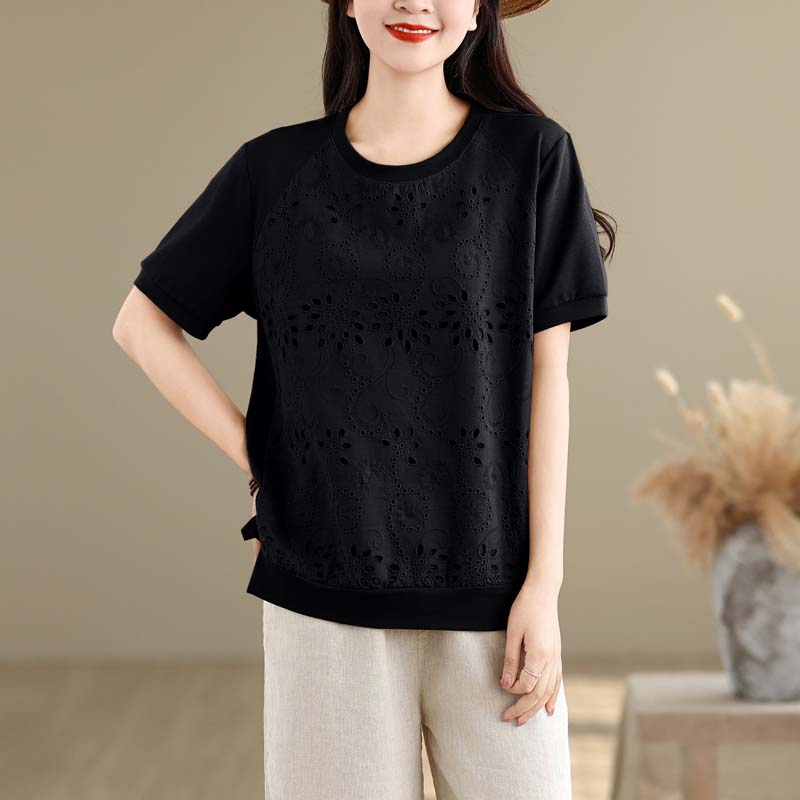 Dimanaf 2025 Summer Plus Size Tops Cotton T-Shirt Floral Hollow Women O-Neck Short Sleeve Loose Solid Tees