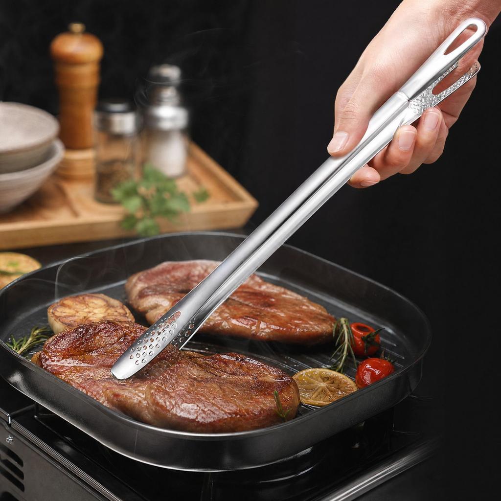 Stainless Korean BBQ Tongs with Long Handle, Large Grilling Tongs for Kitchen Barbecue Steak and Food