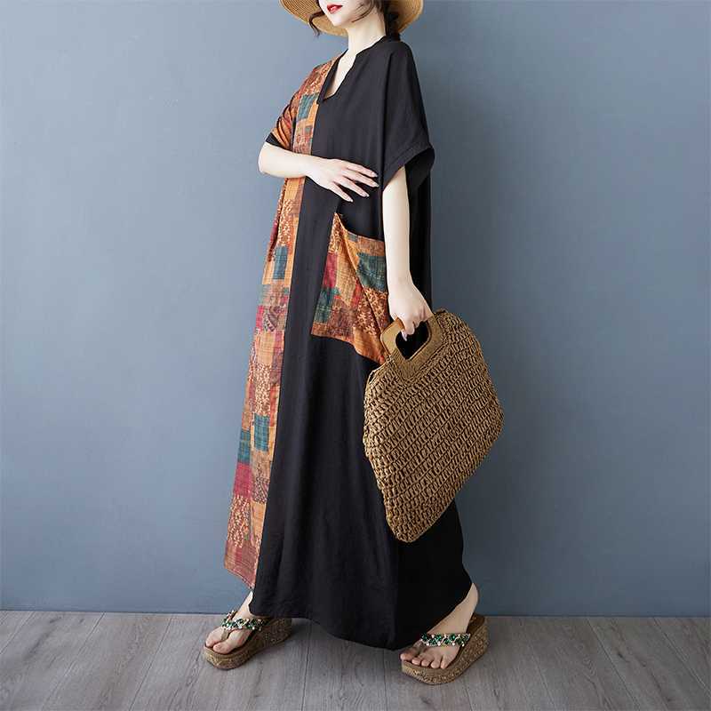 Women's Color Patchwork Black Long Dress Retro Robe