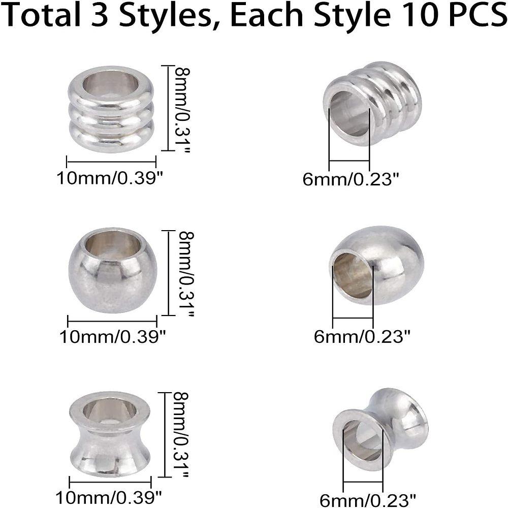 304 Stainless Steel European Beads, Large Hole Beads, Vase/Column/Barrel, Stainless Steel Color, 10x8mm, Hole: 6mm, 3 shapes, 10pcs/shape, 30pcs/box