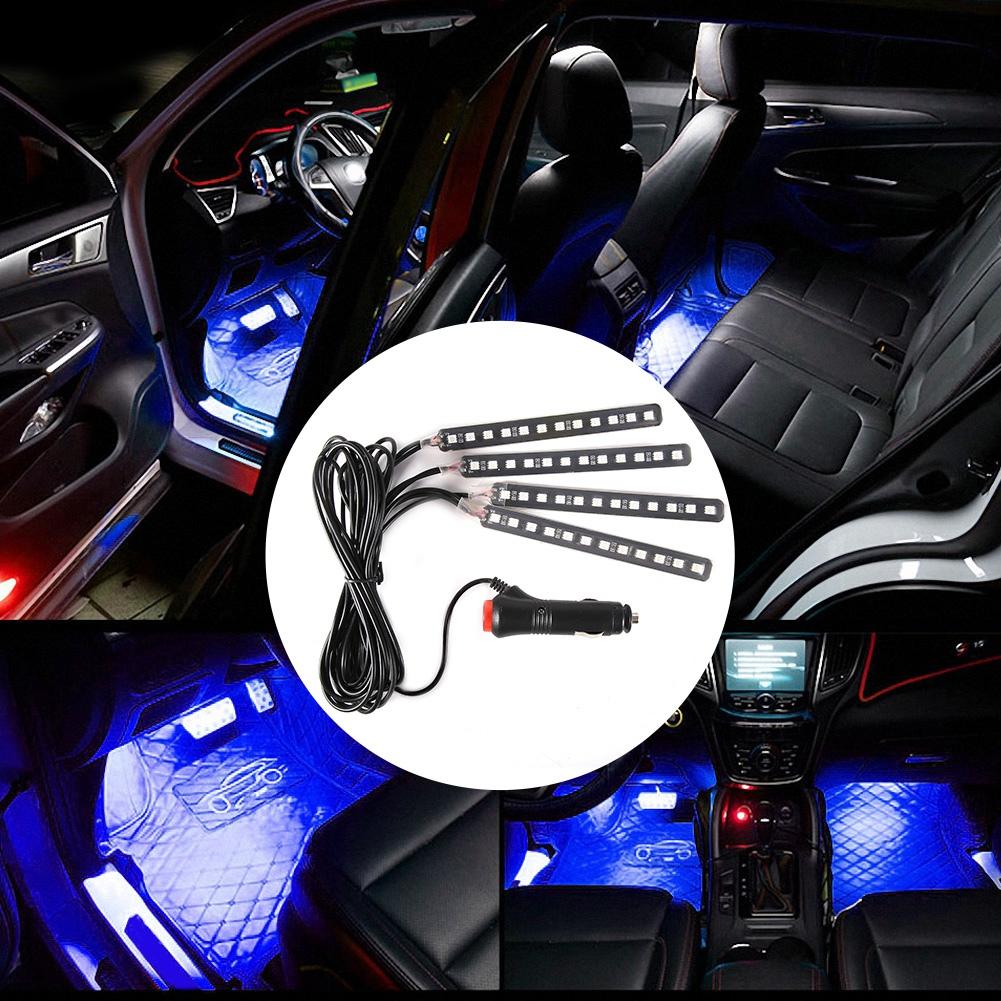 12V 4x 12SMD Car Interior RGB LED Strip Lights Foot Light Remote Control(Ice Blue)