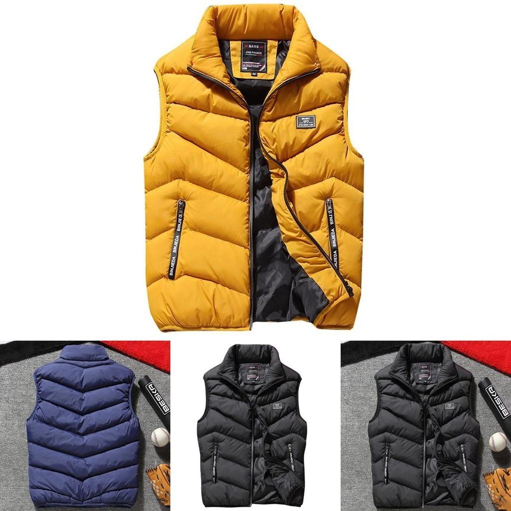 Mens Winter Warm Padded Sleeveless Puffer Jacket With Stand Collar And Zipper Closure