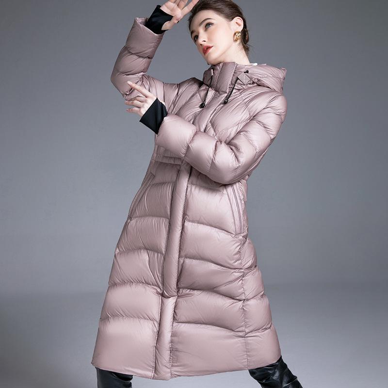 European and American new down jackets women's long hooded slim-fitting waist thin white duck down jackets jacket women's clothing