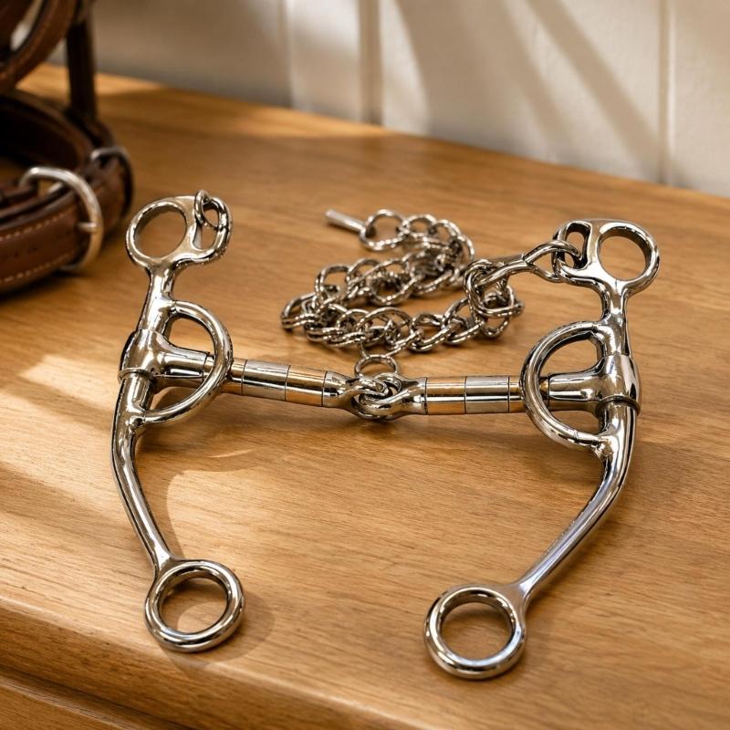Horse Training Bit with Long Side Arms and Multiple Connection Rings, Three-Piece Jointed Center, Moving Metal Sections, Stainless Steel, and Curb