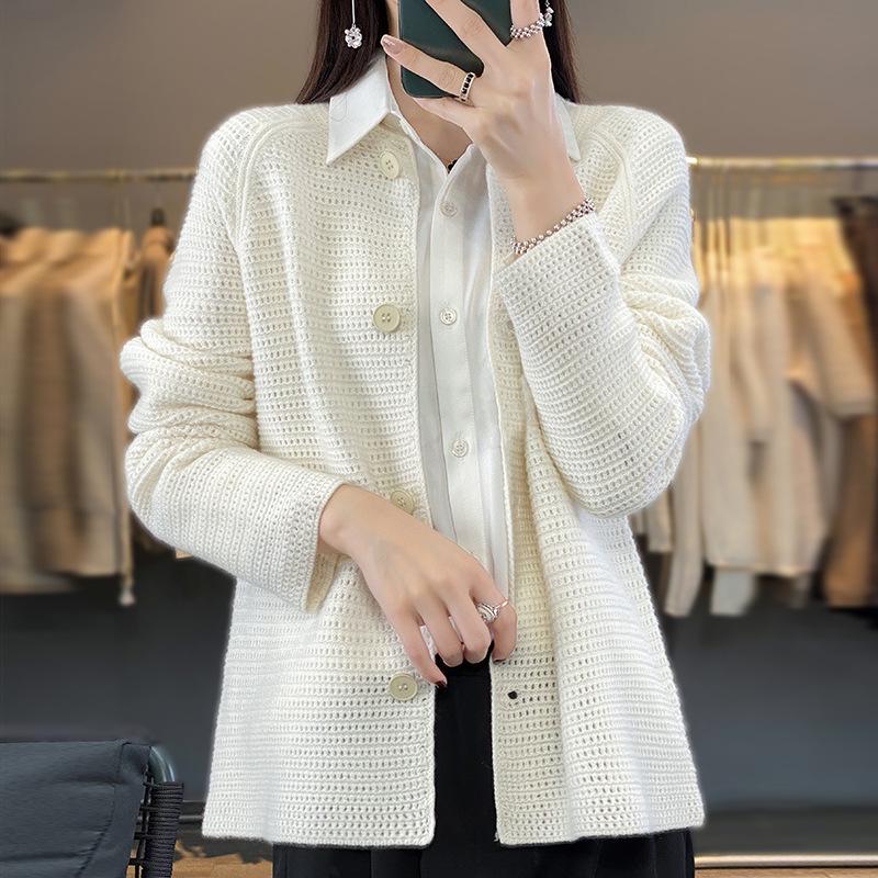 Women's Pure Wool Knit Cardigan Sweater: Loose, Round Neck, Hollow-Out Design