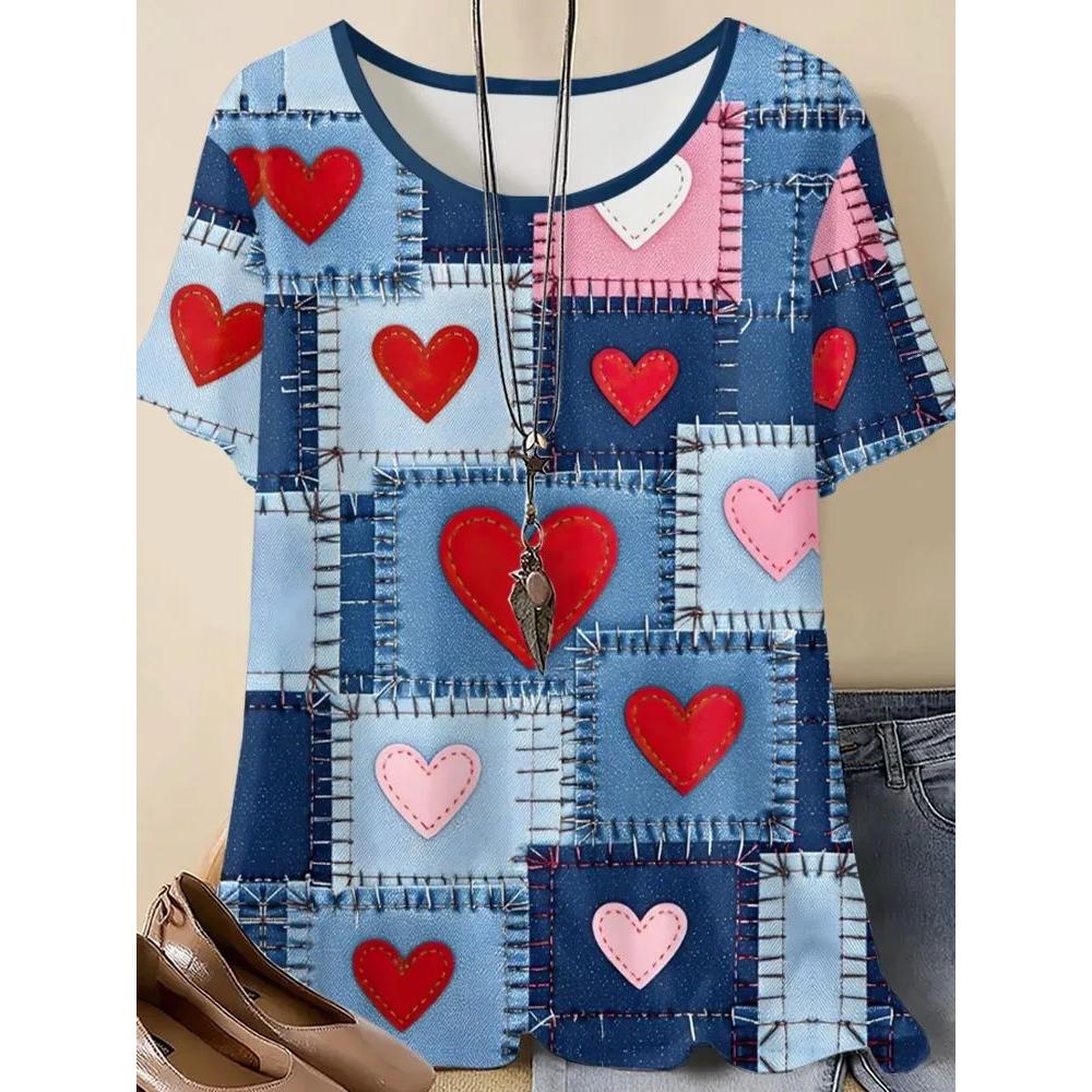Creative Splice 3D Printed Short Sleeved T-shirt Fashionable Comfortable Soft Breathable Large Loose Womens T-shirt