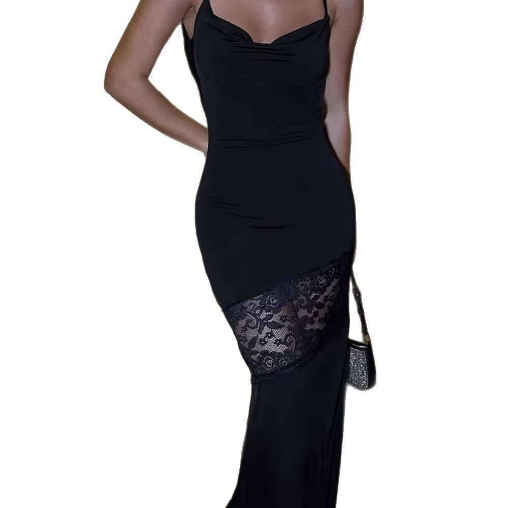 European and American Style New Women's Clothing Temperament Royal Sister Sexy Lace Splicing Hollow Perspective Neck Suspender Dress Long