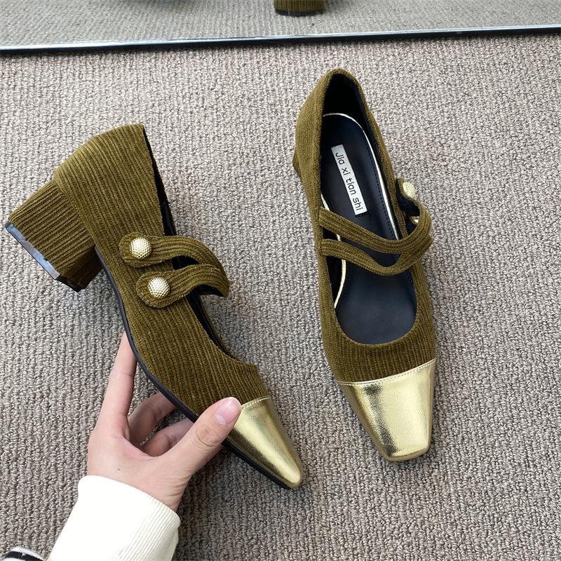 

Модные туфли Мэри Джейн на грубом каблуке, женские, весна 2024, новые, универсальные, бархатные, темпераментные, нежные, с неглубоким носком, одинарные туфли, повседневные 39 зелёный