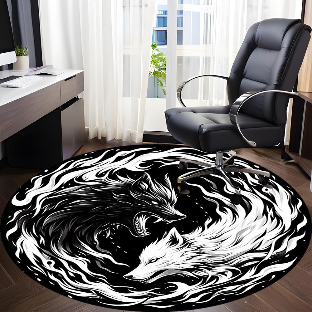 1pc Wolf Yin Yang Chair Carpet for Office, Round Non-Slip Durable Large Size Office Carpet, Suitable for Office, Beautiful Decoration