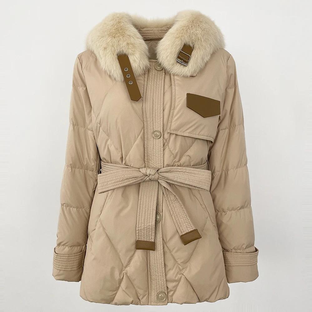 OFTBUY 2024 Winter Jacke Frauen Echt Fox Pelz Kragen Natürliche Dicke Warme Ente Unten Mantel Gürtel Oberbekleidung Streetwear Casual