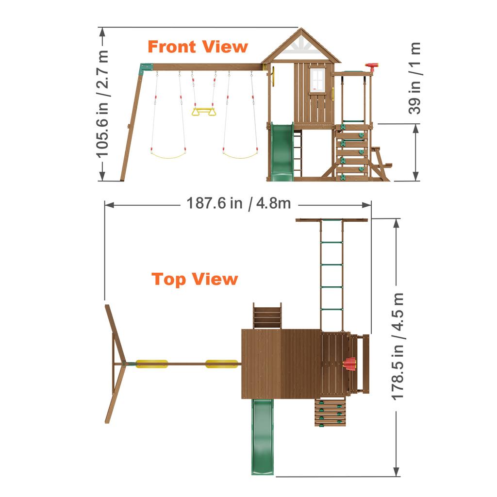 SucceBuy Wooden Swing Set 9/10 IN 1 Outdoor Playground Sets for Backyards 2 Swings Trapeze Bar 6 FT Slide Large Upper Fort