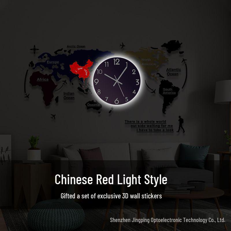 Creative World Map Wall Clock with Lamp & Perpetual Calendar for Living Room Decor