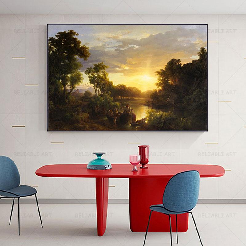 Pastorial Oil Painting, Canvas, Painting, Landscape Posters and Prints, Photographs with Mountain Rivers, Living Room Decor