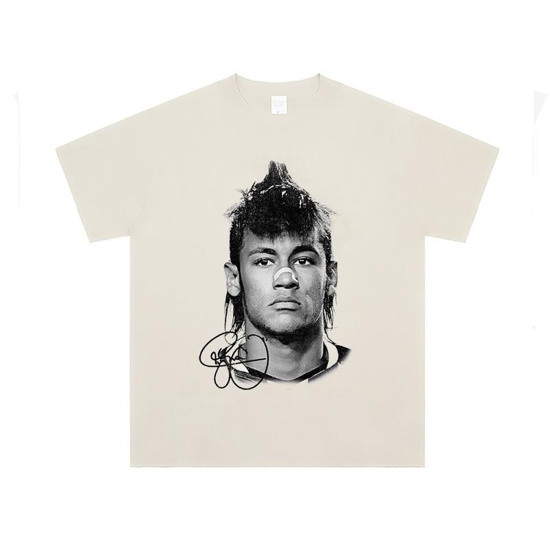 Summer Men's100% PureCotton Football Character Portrait Printed T-shirt Personalized Street Loose Round Neck Short Sleeved Shirt