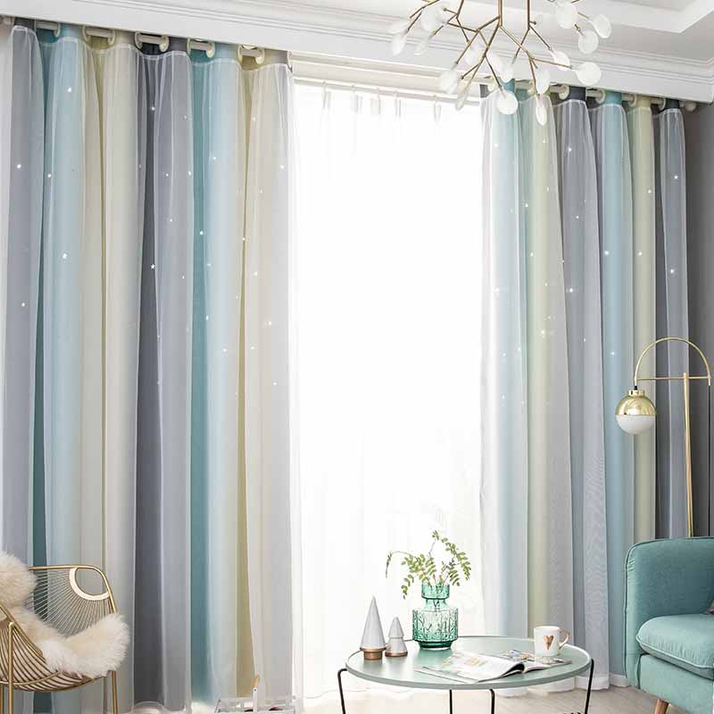Gradient Striped Blackout Curtains Dual-Layer Sheer & Fabric Grommet Top All-in-One Window Drapes Home Decor
