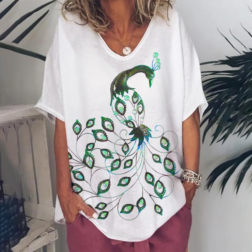Fashion Women's T Shirt V-Neck Short Sleeve Top Women 3d Peacock Graphics Summer Plus Size Everyday Casual Female Clothing 5XL