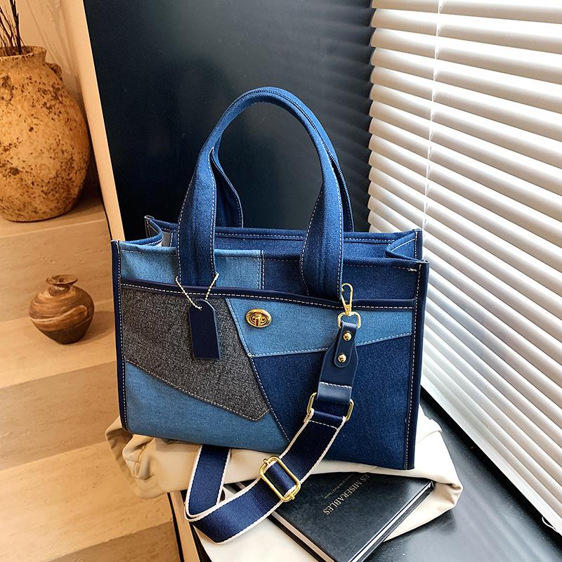 

Large capacity handbag women s new fashion splicing denim commuter bag broadband messenger tote bag