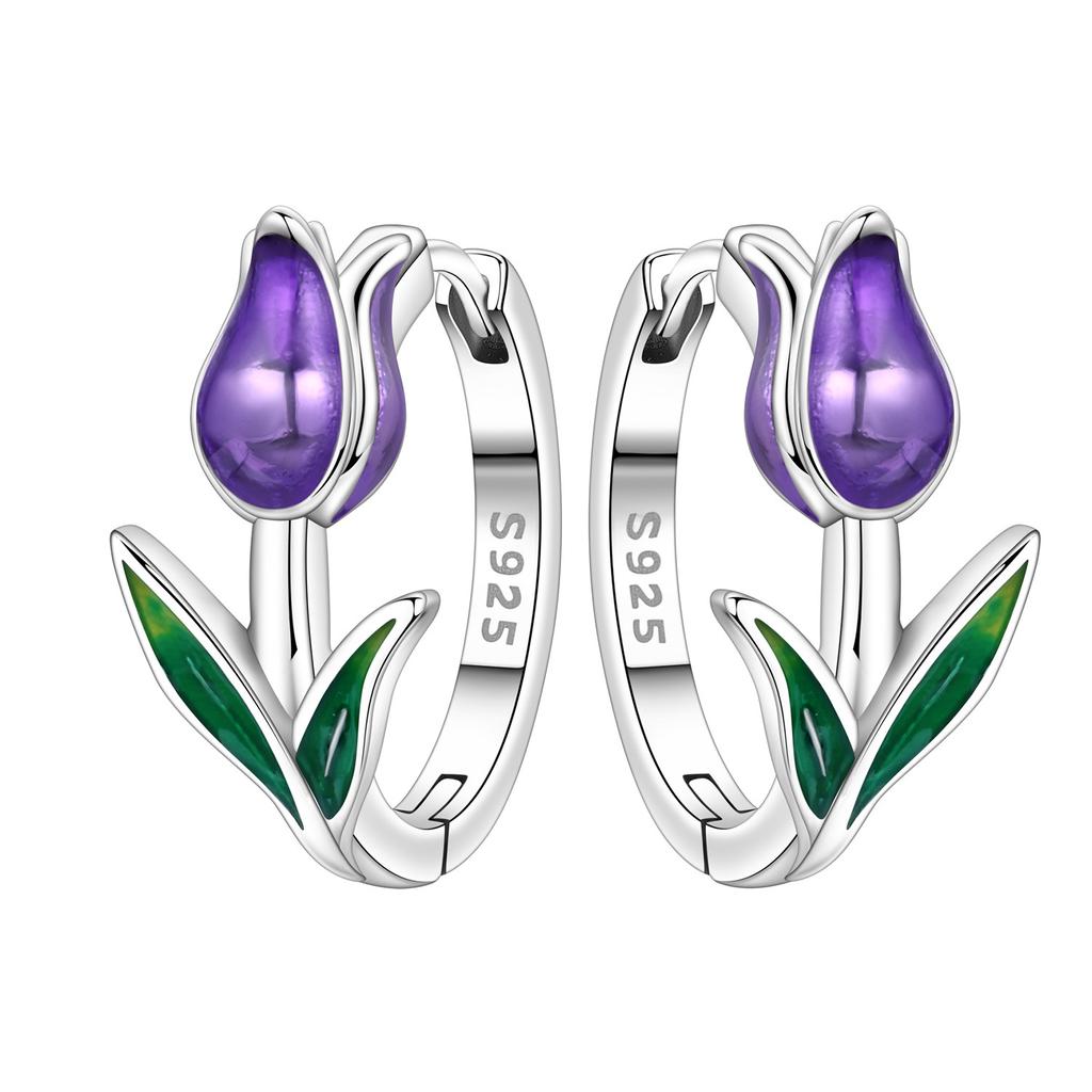 Original NEW S925 Silver Pink Purple Flowers Plants leaf Series Earring Hoop Earrings Women Jewelry Party Gifts