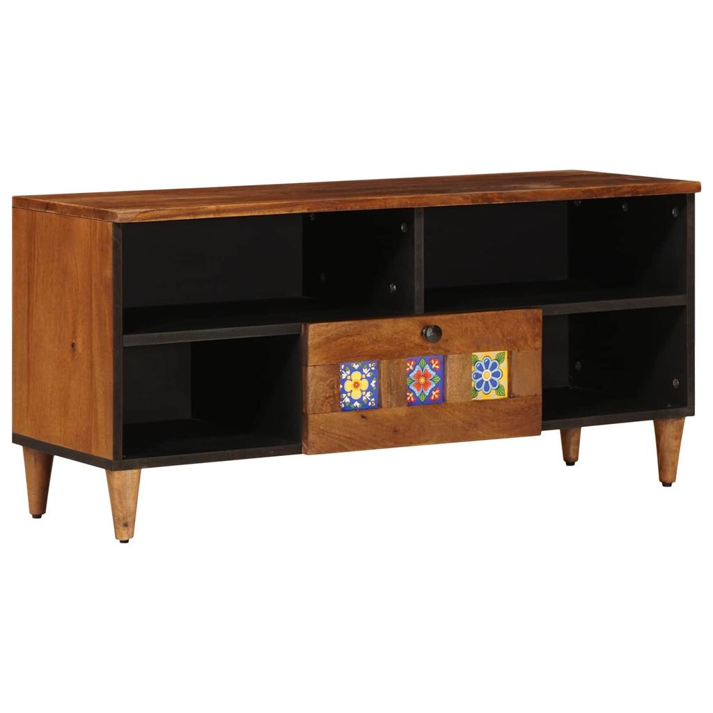 TV Stand with Shelf Walnut Finish 100 X 33 X 46 Cm Solid Mango Wood