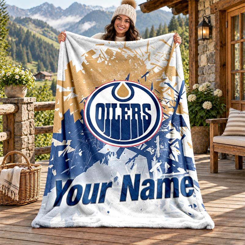 Edmonton Oilers Custom Name Flannel Blanket Personalized Soft Warm Plush Throw Blanket Customized Gift for Family Friends