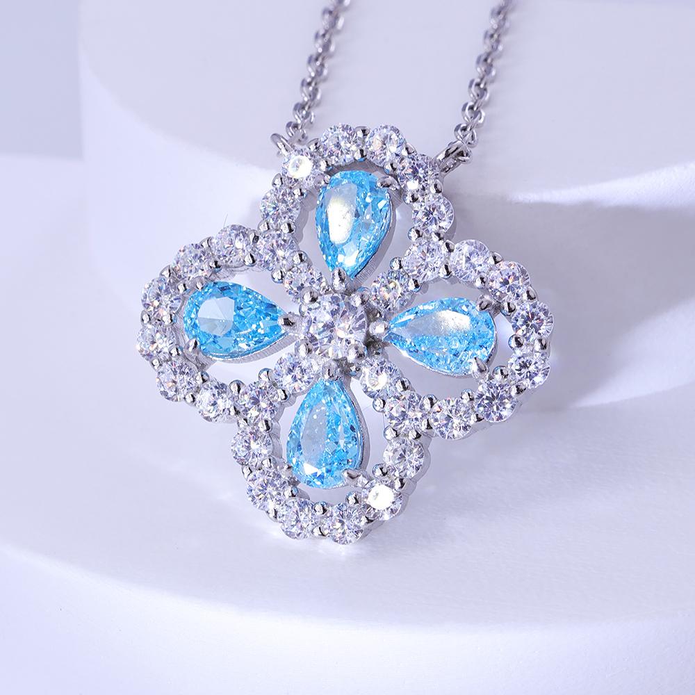 Fashion 925 Sterling Silver Gold Plated Blue Diamond Clover Pendant Necklace High Quality Wedding Party Holiday Gift 20inches