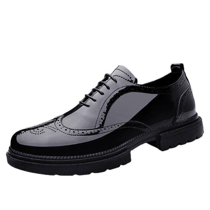 Men's Round Toe Brogue Carved Leather Shoes - British Style, Formal Business, Casual, Thick Sole, Shiny Finish.