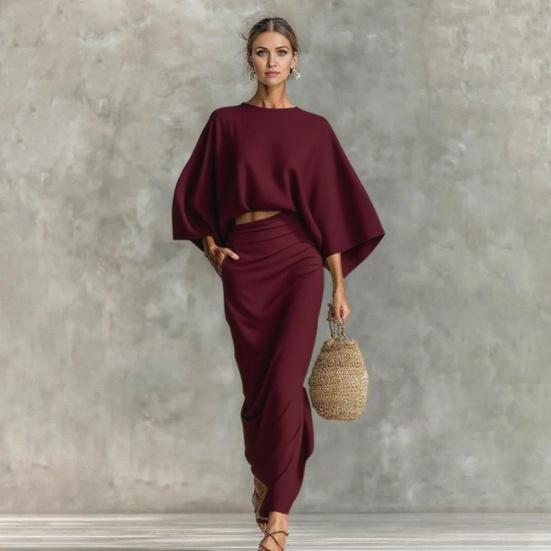 Summer 2 Piece Skirt Sets for Women Batwing Long Sleeve Top