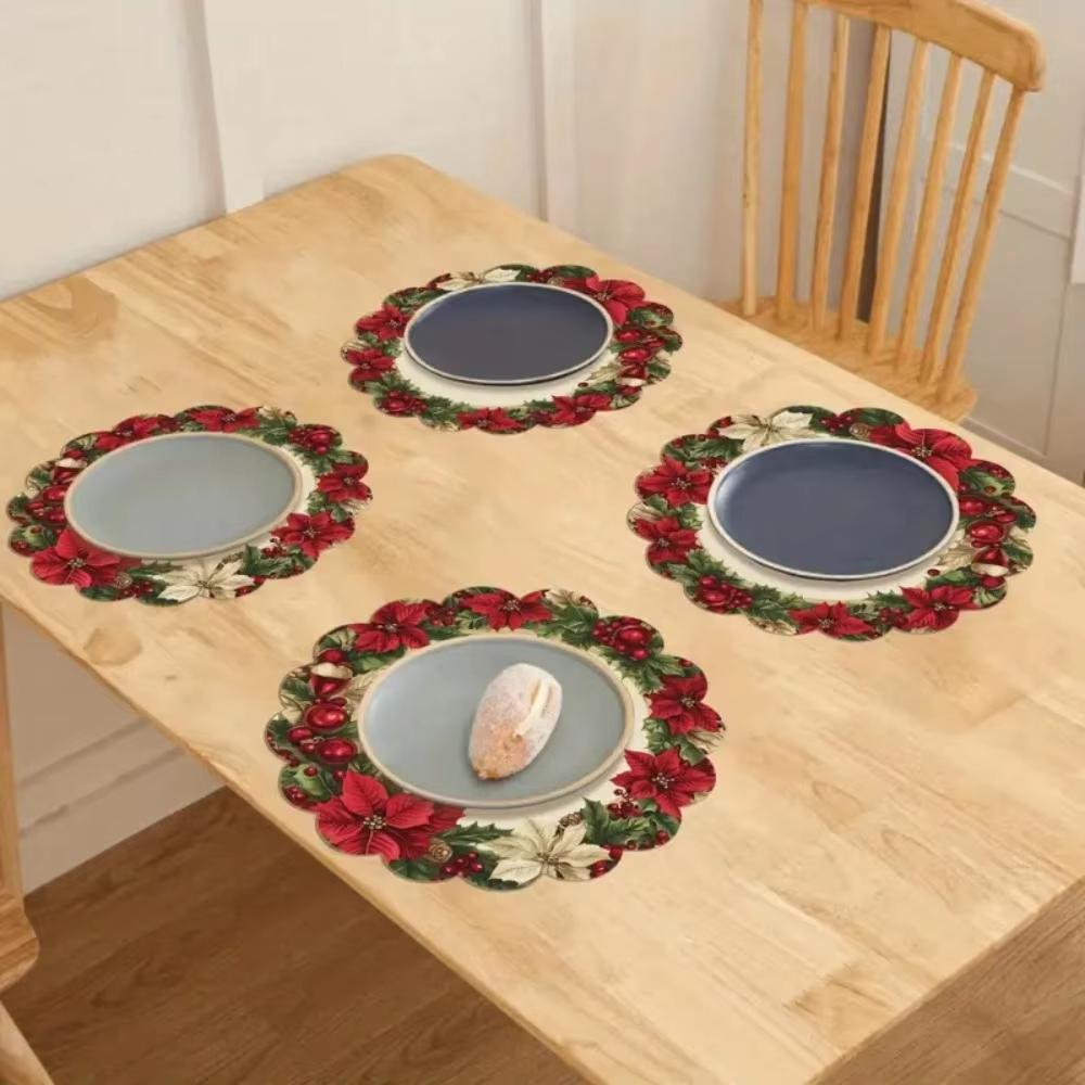 4pcs/set Printing Christmas Round Wave Placemat Anti-slip Heat-resistant Table Mat Banquet Christmas Decoration Tablecloth