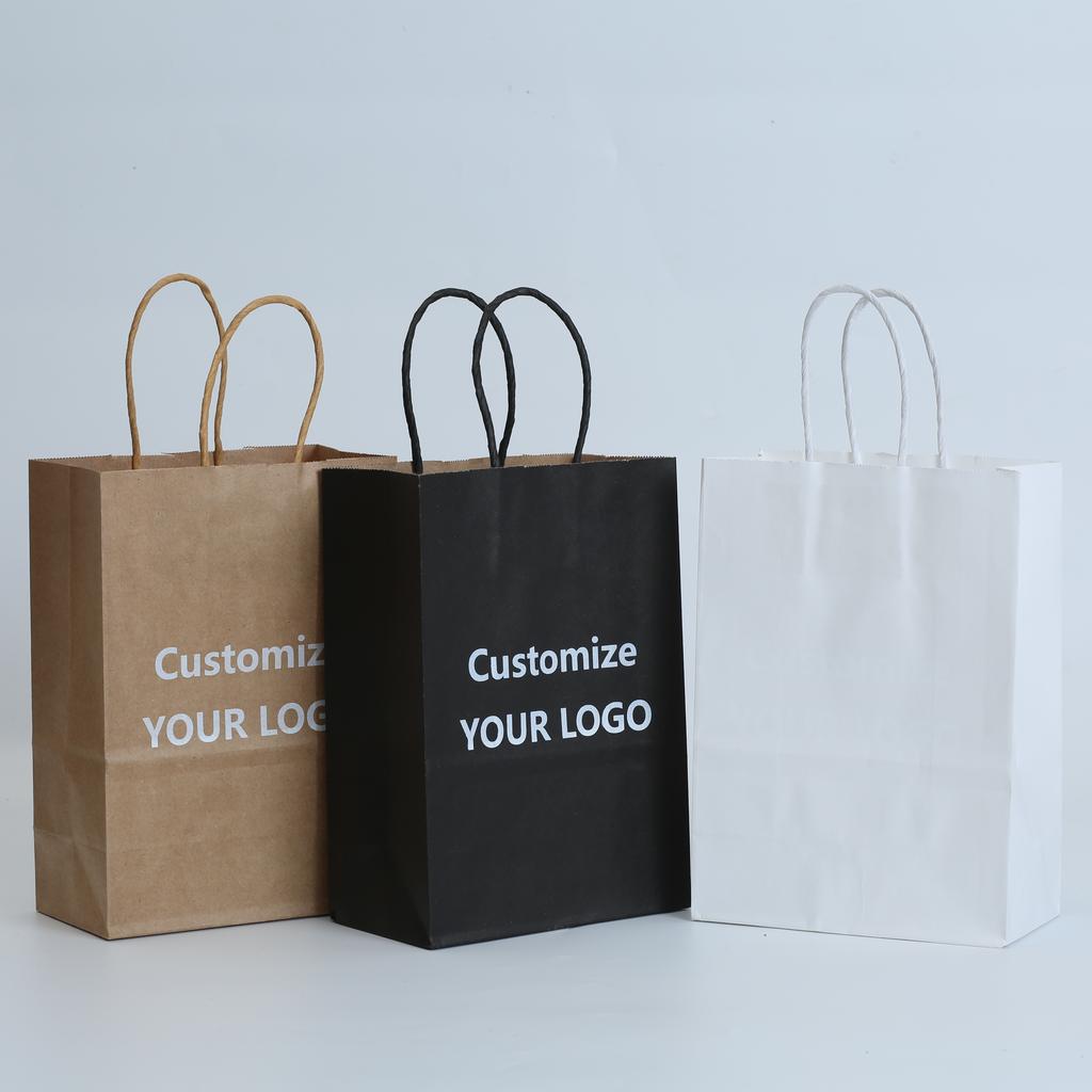 20pcs Custom Logo Kraft Paper Bag Gift Wrapping Bags Recyclable Paper Bag Shopping Packaging Eco Friendly for Retail Store