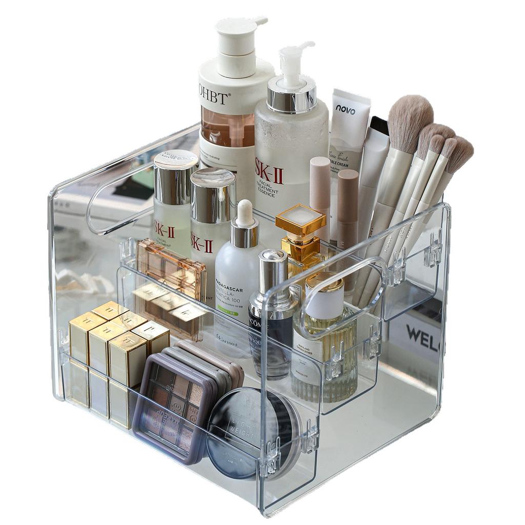 Transparent Portable Three Compartment Cosmetic Storage Box Desktop Dresser Large Capacity Skin Care Perfume Display Rack
