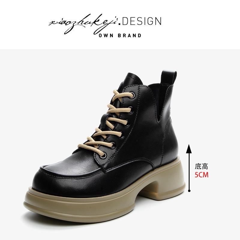 

Leather Martin boots women s autumn new versatile retro lace-up big head short boots 34 чёрный