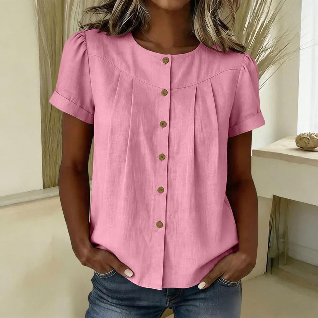 Womens Casual Button Front Short Sleeve Pleated Round Neck Loose Fit Blouse Top Lightweight Comfortable Fabric