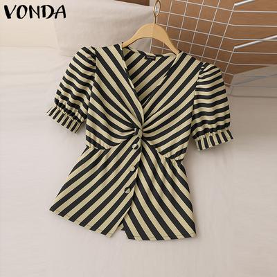 Summer Women Short Puff Sleeve Twisted Striped Casual Blouse