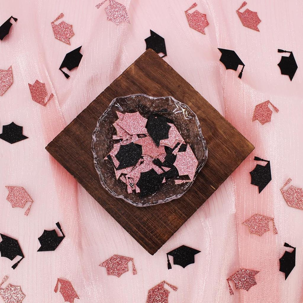 200PC Black Rose Gold Grad Cap Graduation Confetti for Table Glitter Graduation Hat Table Scatter for Class of 2026 Grad Party Decorations
