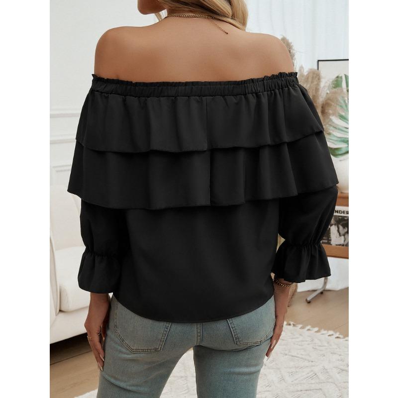 Women's Loose Drawstring Off Shoulder Lantern Sleeve Top