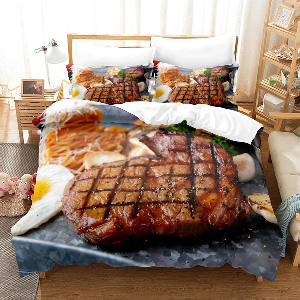 2024 Beefsteak Einzel Doppel Voll Queen King Size Bettwäscheset Jungen Schlafzimmer Bettdeckenbezug 3D-Druck Gourmet-Steak