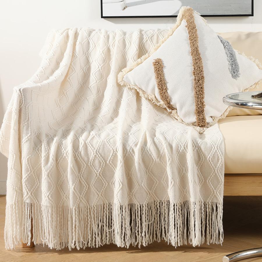 European-style autumn and winter blanket for nap, sample room bed tassel knitted blanket, thickened nap blanket for living room sofa and chair