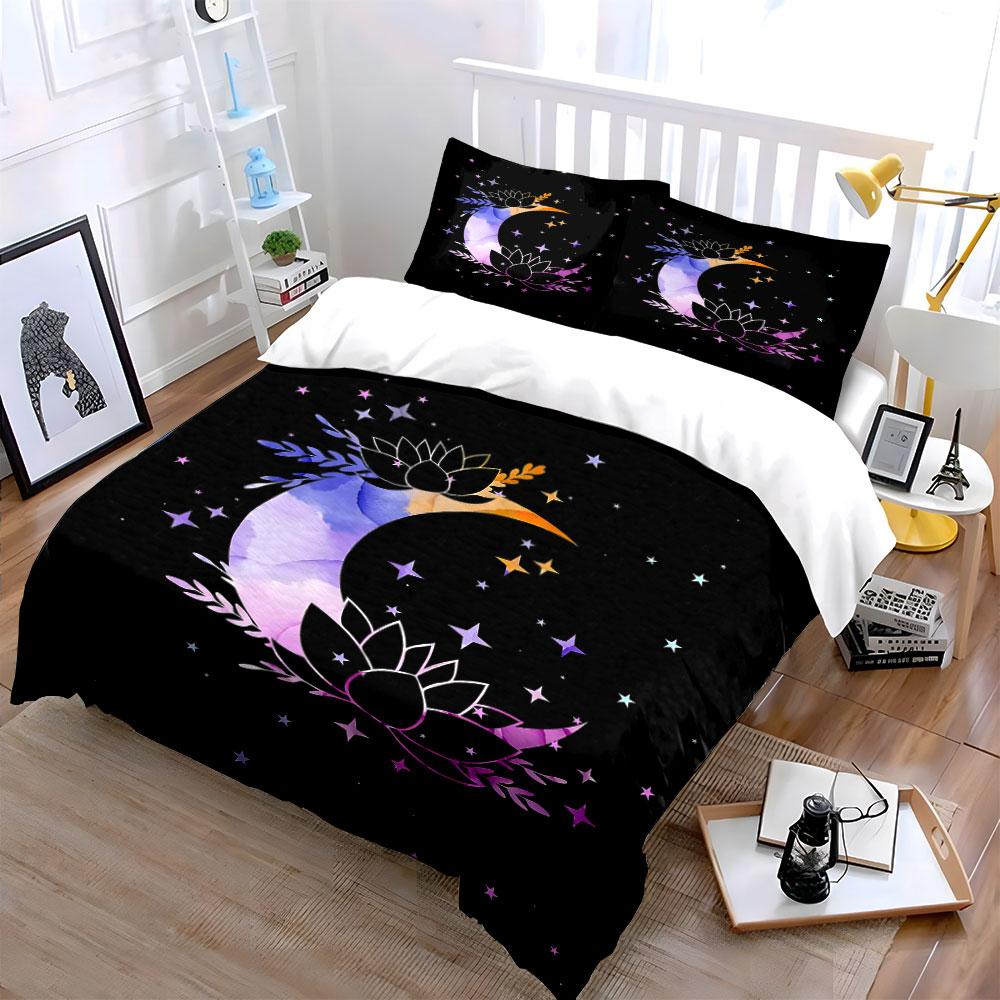 Moon and Lotus Starry Bedding Set Bedding Duvet Cover Set Duvet Cover Pillowcases  (1 * Duvet Cover 2 * Pillowcases, Without Duvet Insert)