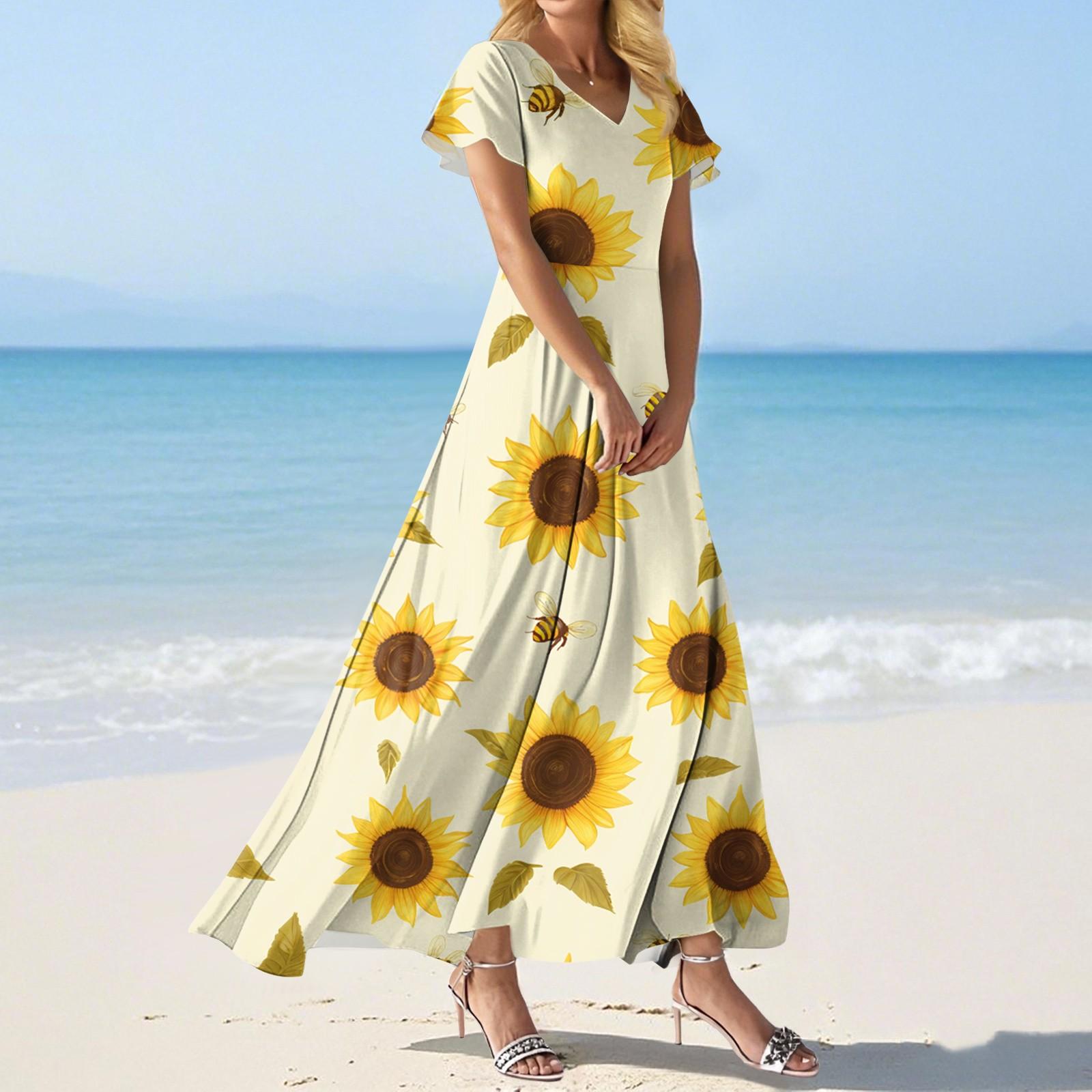 

Модное Женское свободное повседневное платье с V-образным вырезом, короткими рукавами и высокой талией XL жёлтый