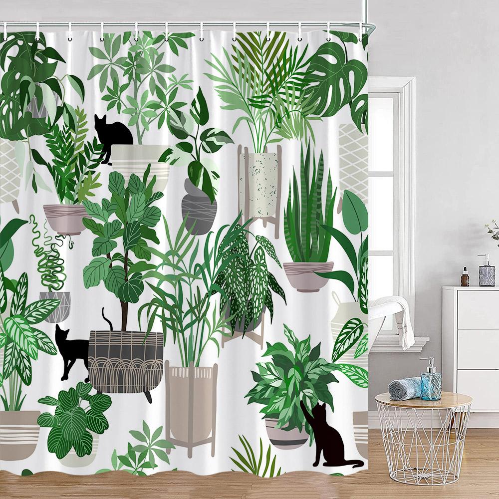 Grüne Topfpflanzen Duschvorhänge Cartoon Katzen Hängende Tropische Blätter Dekorationen Für Bad Polyestergewebe Badezimmervorhang