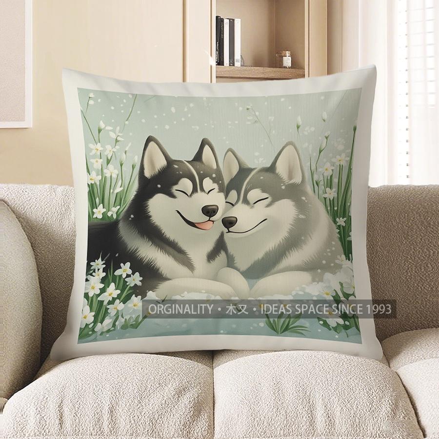 Home Decor Cute Husky Couple In Flower Garden Pillow Cover Pattern Cushion Cover Suitable For Sofa Bedroom Car Pillow Cover